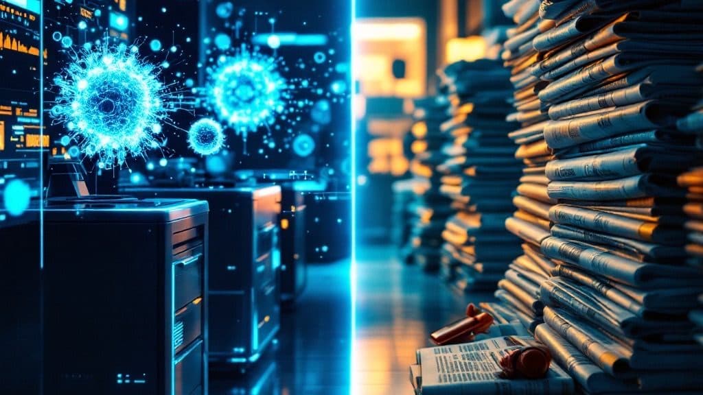 Technology innovation vs media coverage: modern laboratory with quantum computers and AI displays contrasts with traditional news headlines, highlighting journalism's blind spot